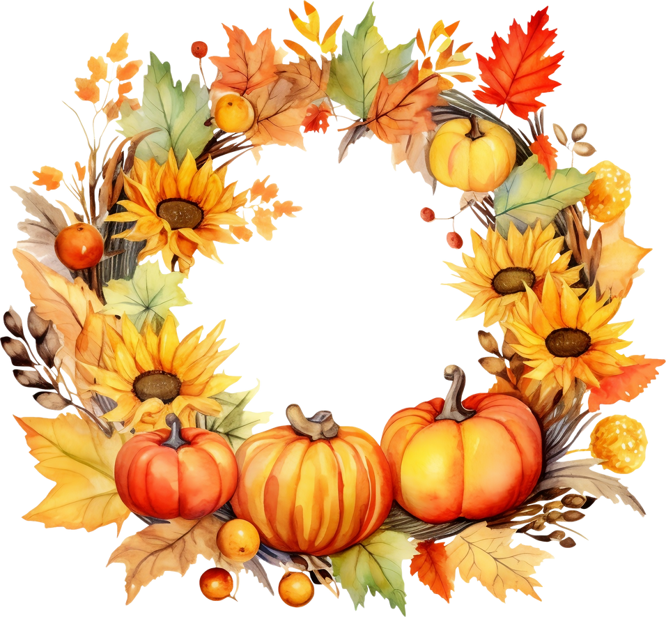 Fall Wreath PNG, Autumn Wreath PNG, Watercolor Autumn Harvest Circle Frame for Thanksgiving Sublimation, Autumn Thanksgiving Pumpkin